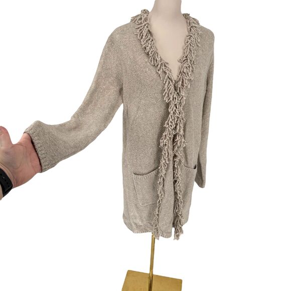 J. Jill Fringe Trim Cardigan Sweater Size Medium TALL Long Pockets Flax Heather - Picture 7 of 15